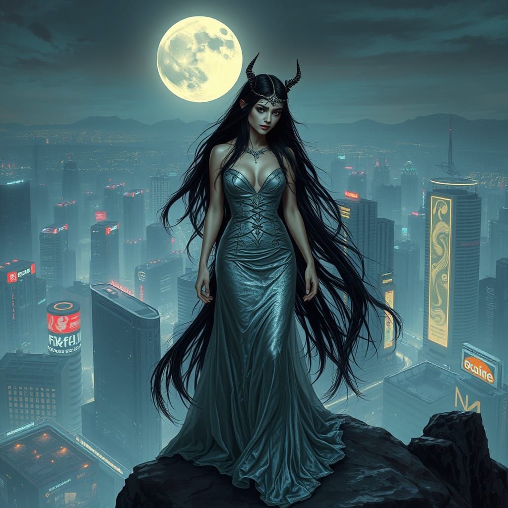 Gothic Goddess Over Neon Cityscape: Dark Romantic Art