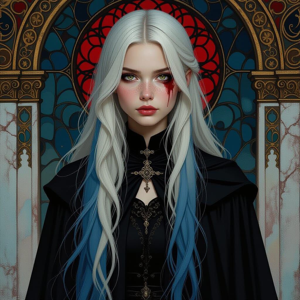 Romantic Portrait of Scarred Woman in Blue-Gray Hair