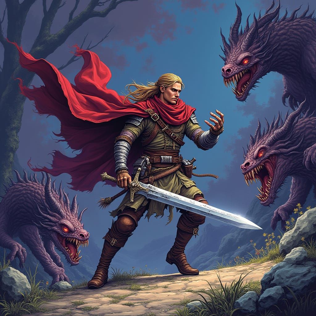 Medieval Warrior Battles Monsters in 16-bit Style