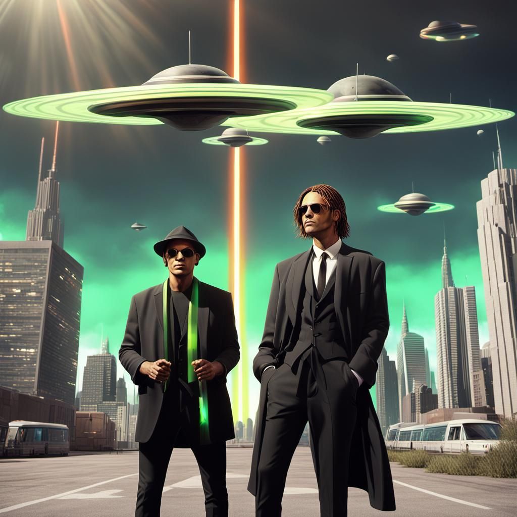 Futuristic Cityscape with Men in Black, Matte Painting