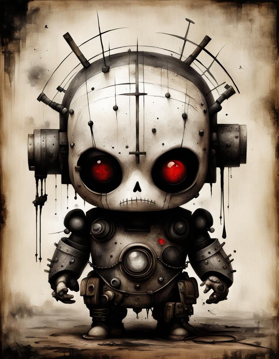 Demonic Cyborg Bear Portrait in Surreal Volcanic Landscape