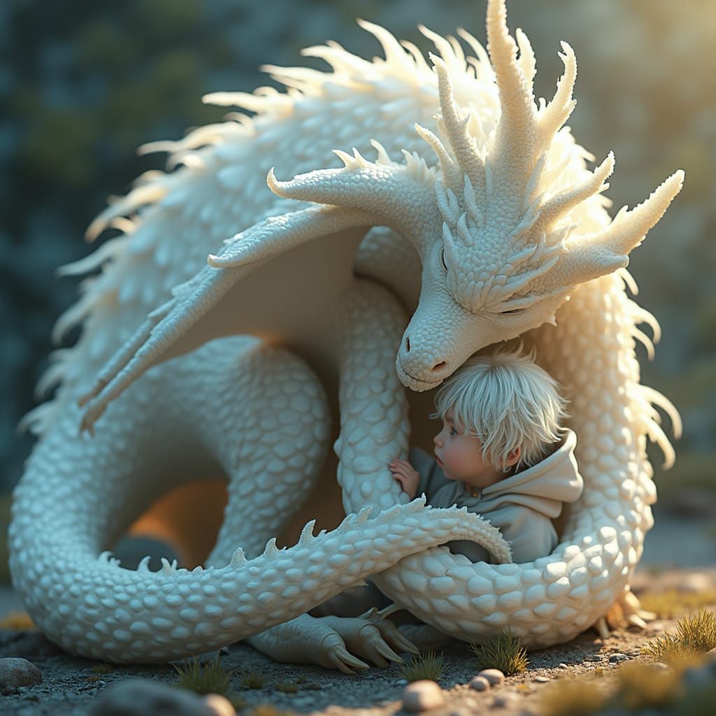 Protective White Dragon with Child, Digital Matte Painting