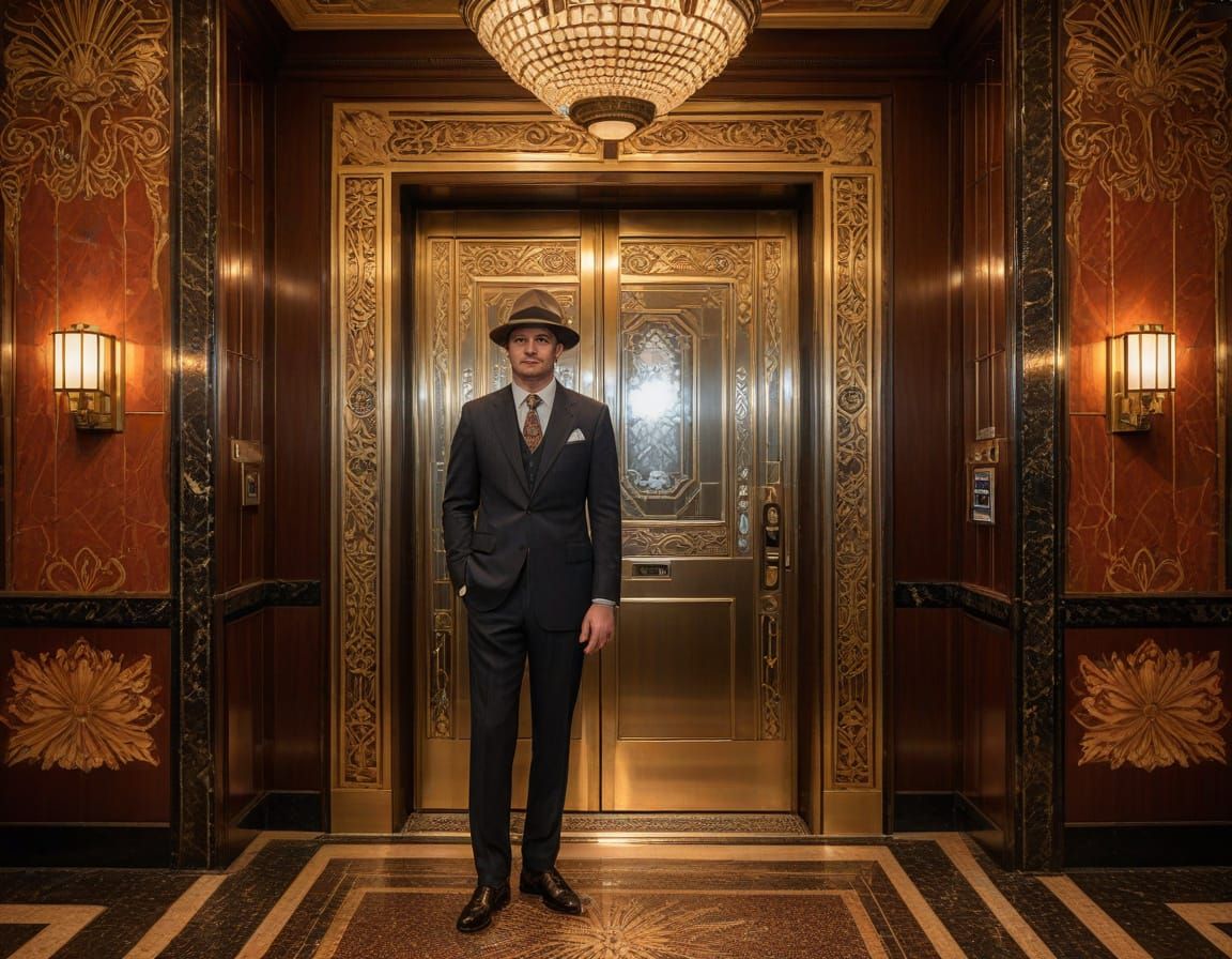 Dapper Gentleman in Art Deco Elevator