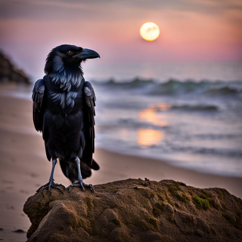 Pagan Guardian Raven on Moonlit Beach