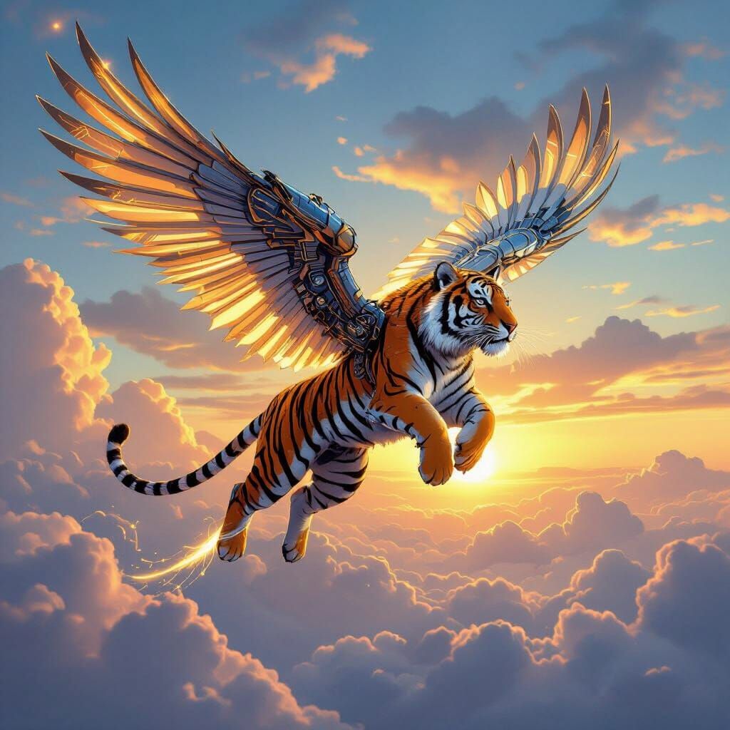 Tiger With Mechanical Wings Soars Through Sunset Sky
