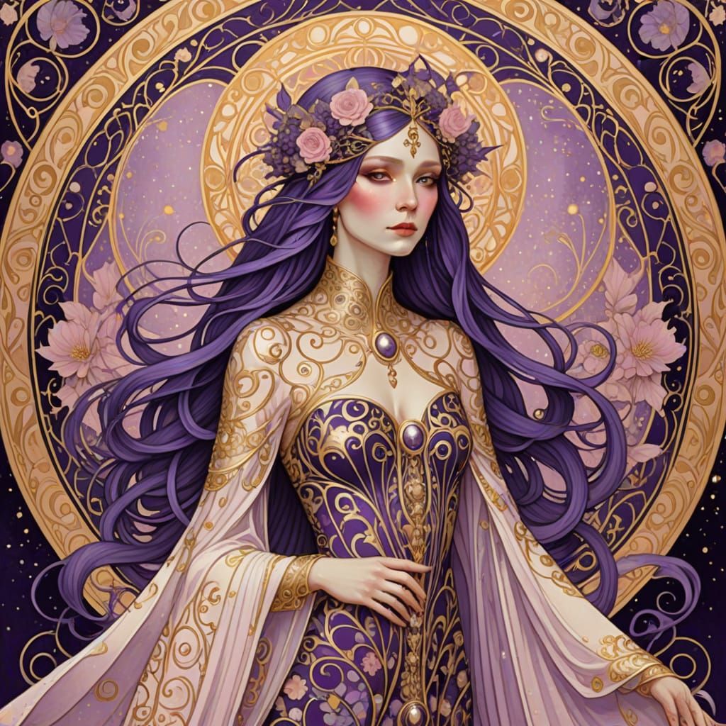 Art Nouveau Fairy Witch in Gold, Purple, and Pink