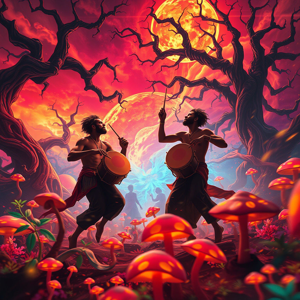 Ecstatic Drummers in a Matte Painting Dreamscape