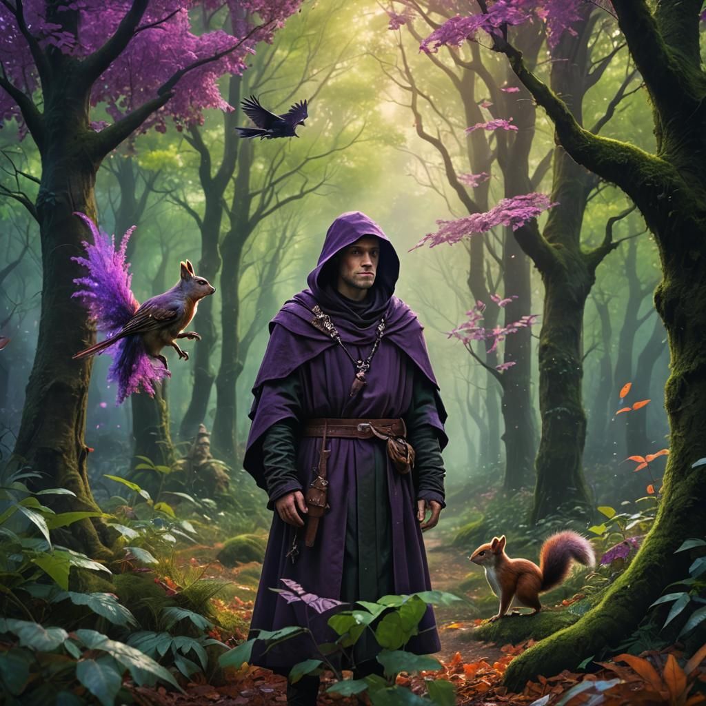 Monk in Fluorescent Forest: Surreal Digital Painting