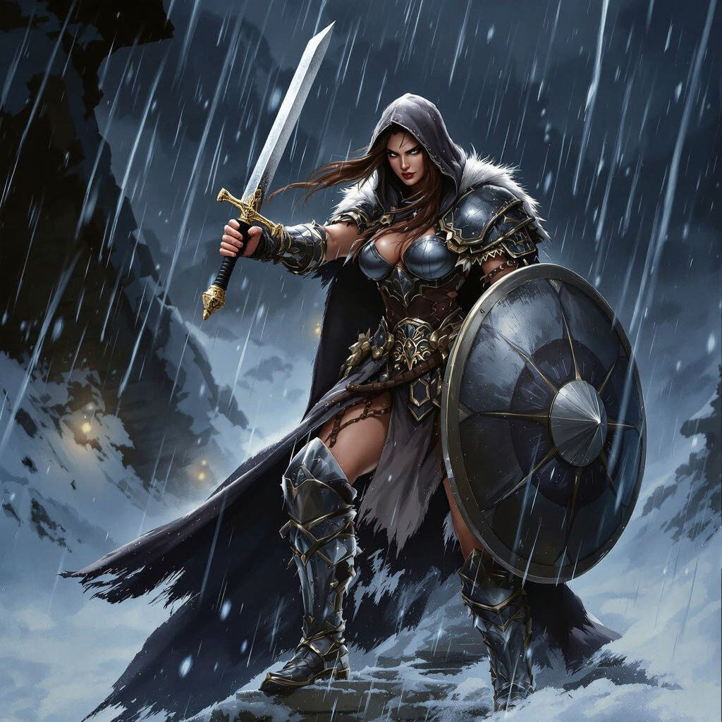 Fierce Brunette Warrior Woman in Ice Storm