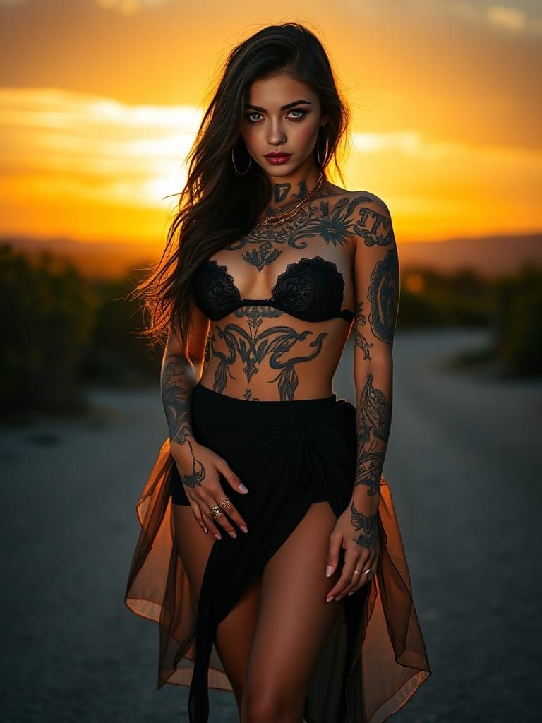 Tattooed Woman in Dramatic Sunset Lighting