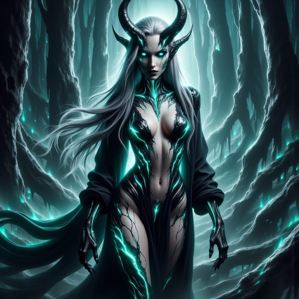 Drow Druid Lich Dhampir in Cyberpunk Forest