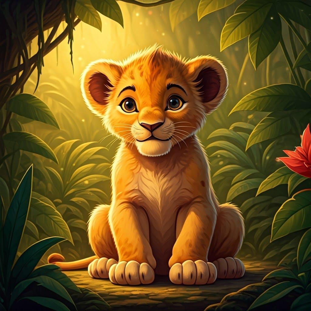 Cartoon Lion Cub in Jungle, Disney Style