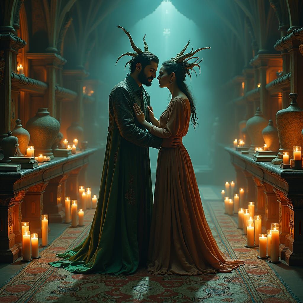 Mystical Couple in Ritual Dance, in Dark Mystical Realism