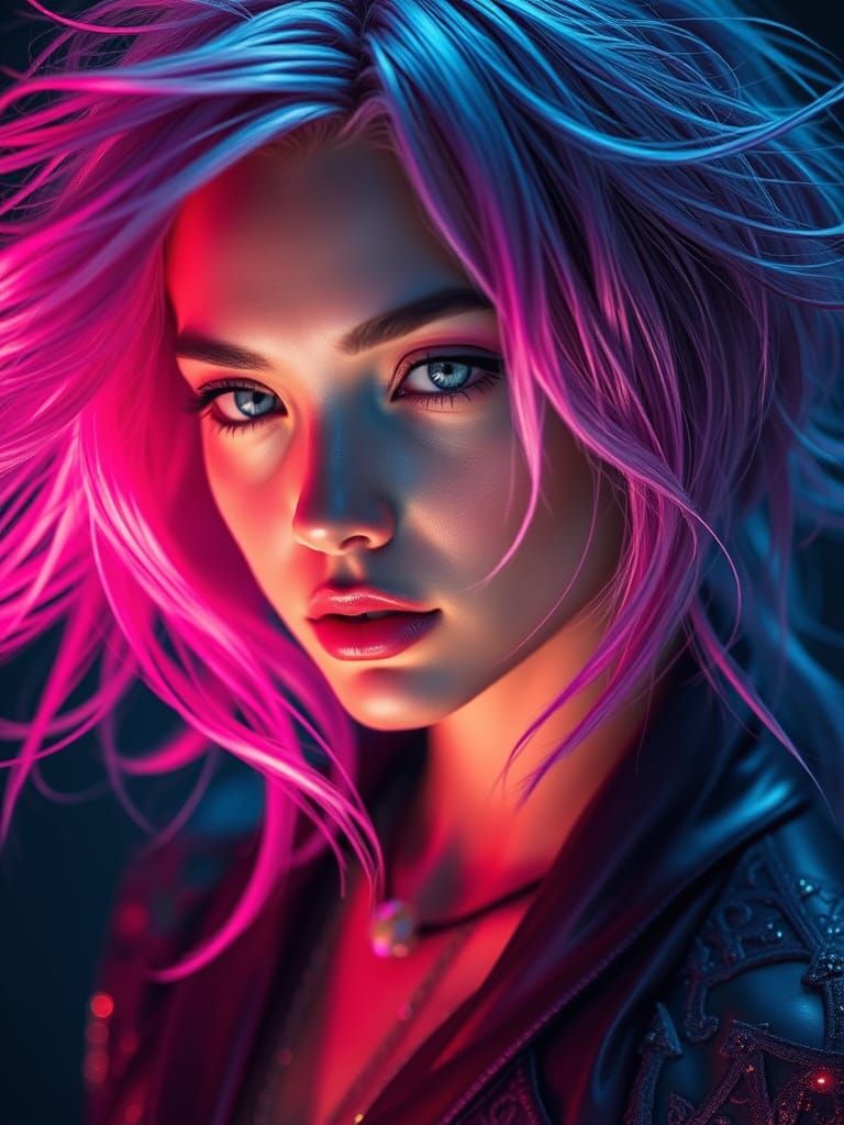 Futuristic Woman with Neon Hair in Moody Cinematic Portrait