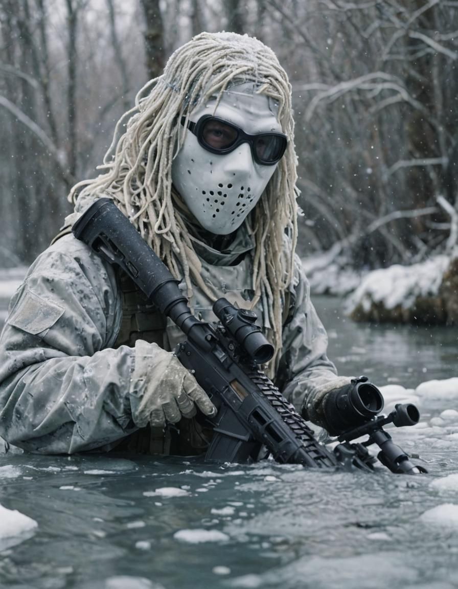 Soldier Emerges from Icy Waters in Ghillie Suit