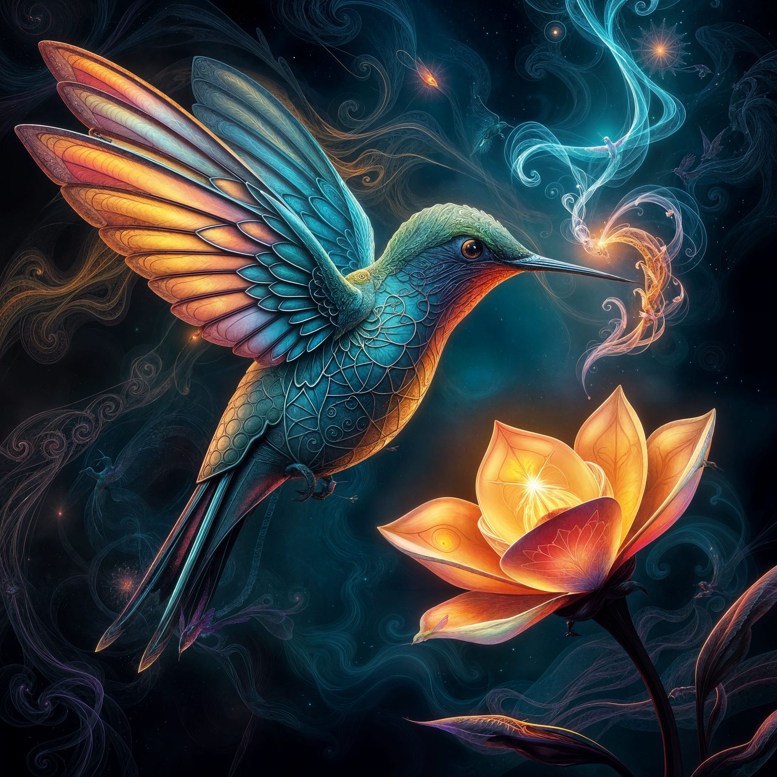 Biomechanical Hummingbird in Surreal Dreamscape
