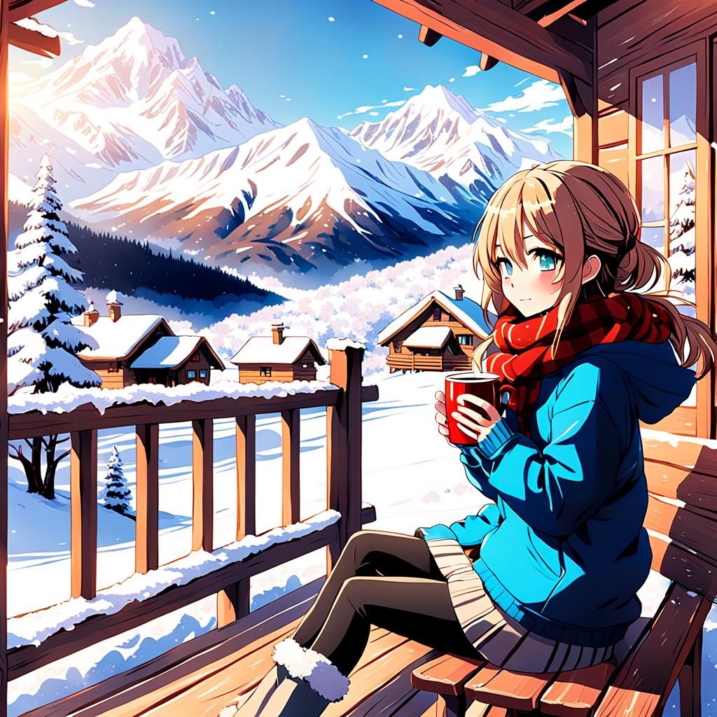 Anime Woman with Cocoa on Winter Cabin Porch