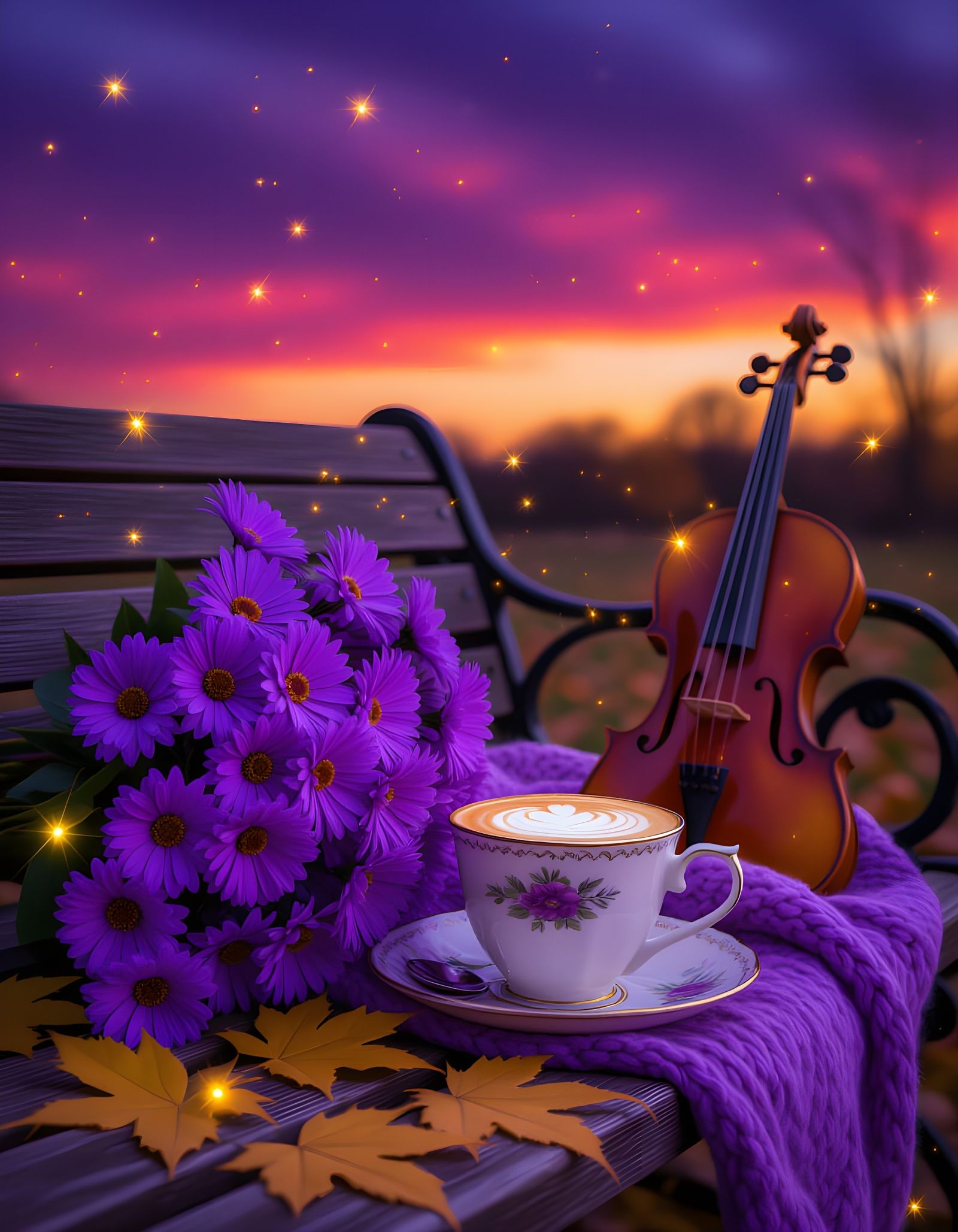 Purple Astrae Autumn Scene with Fireflies and Violin
