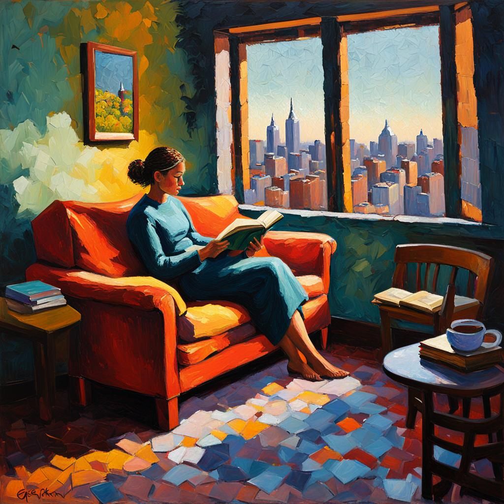 Cozy Room Reading in Neo-Impressionism Style