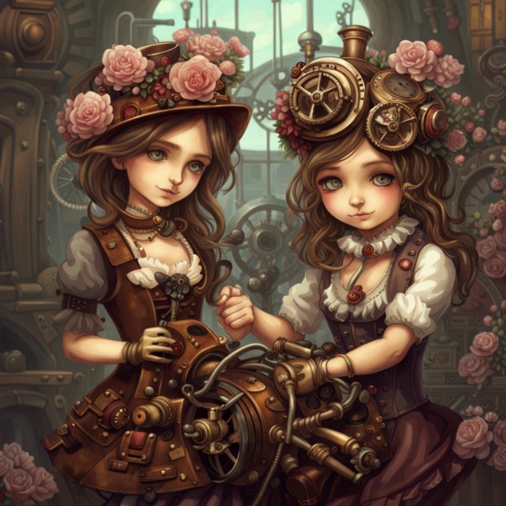 Steampunk Girls Holding Hands in Flower Field