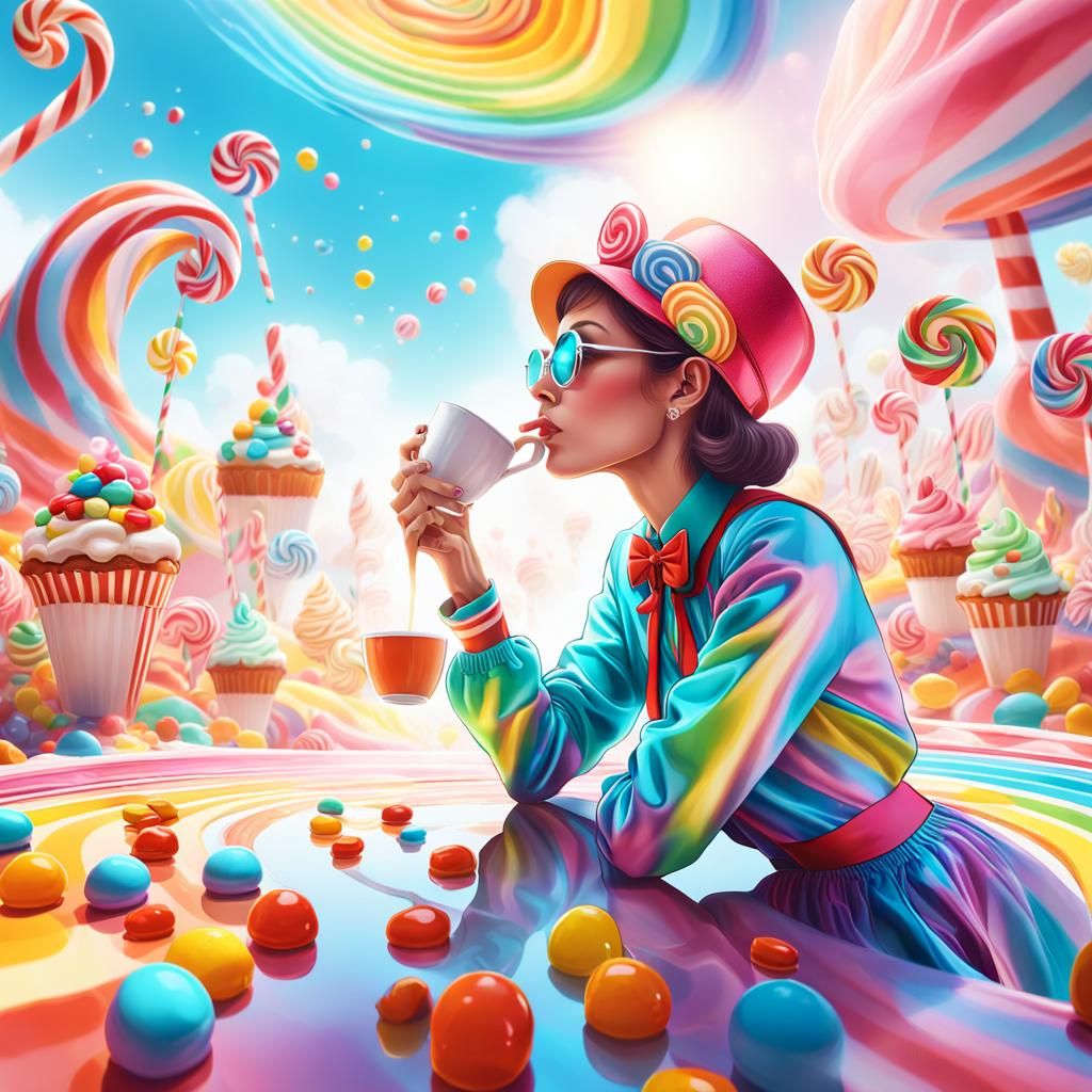 Whimsical Candy Art of Woman Drinking Coffee