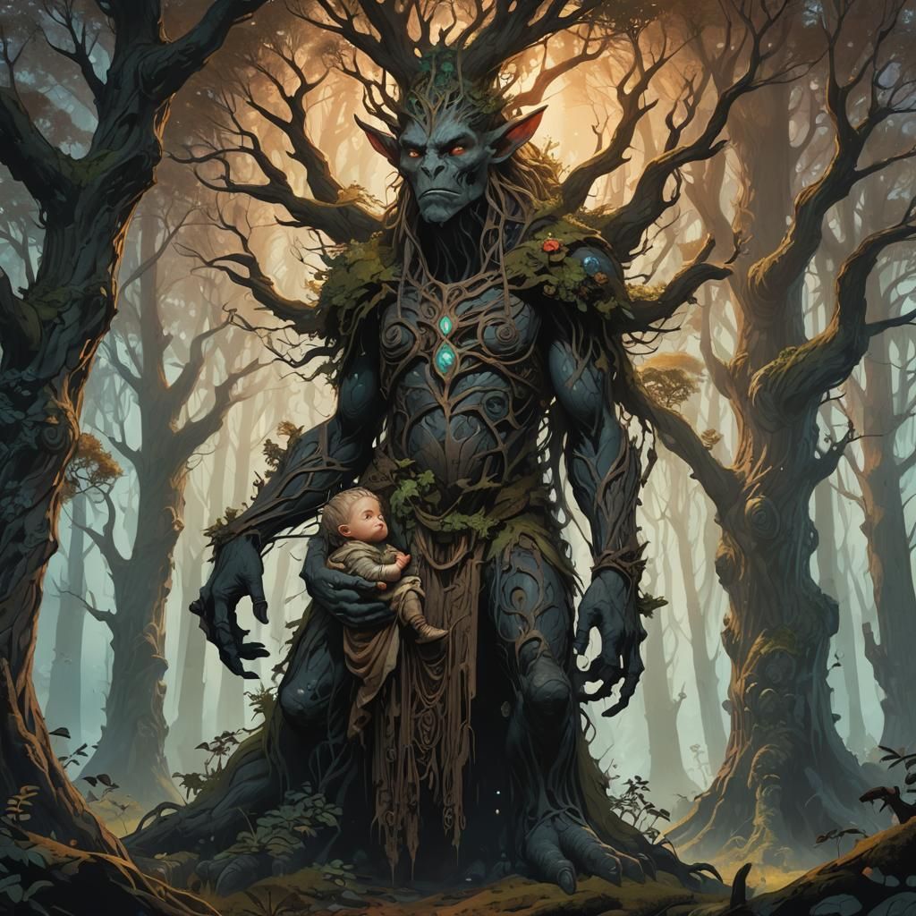 Trollwoman with Giant Infant in Ironwood Forest