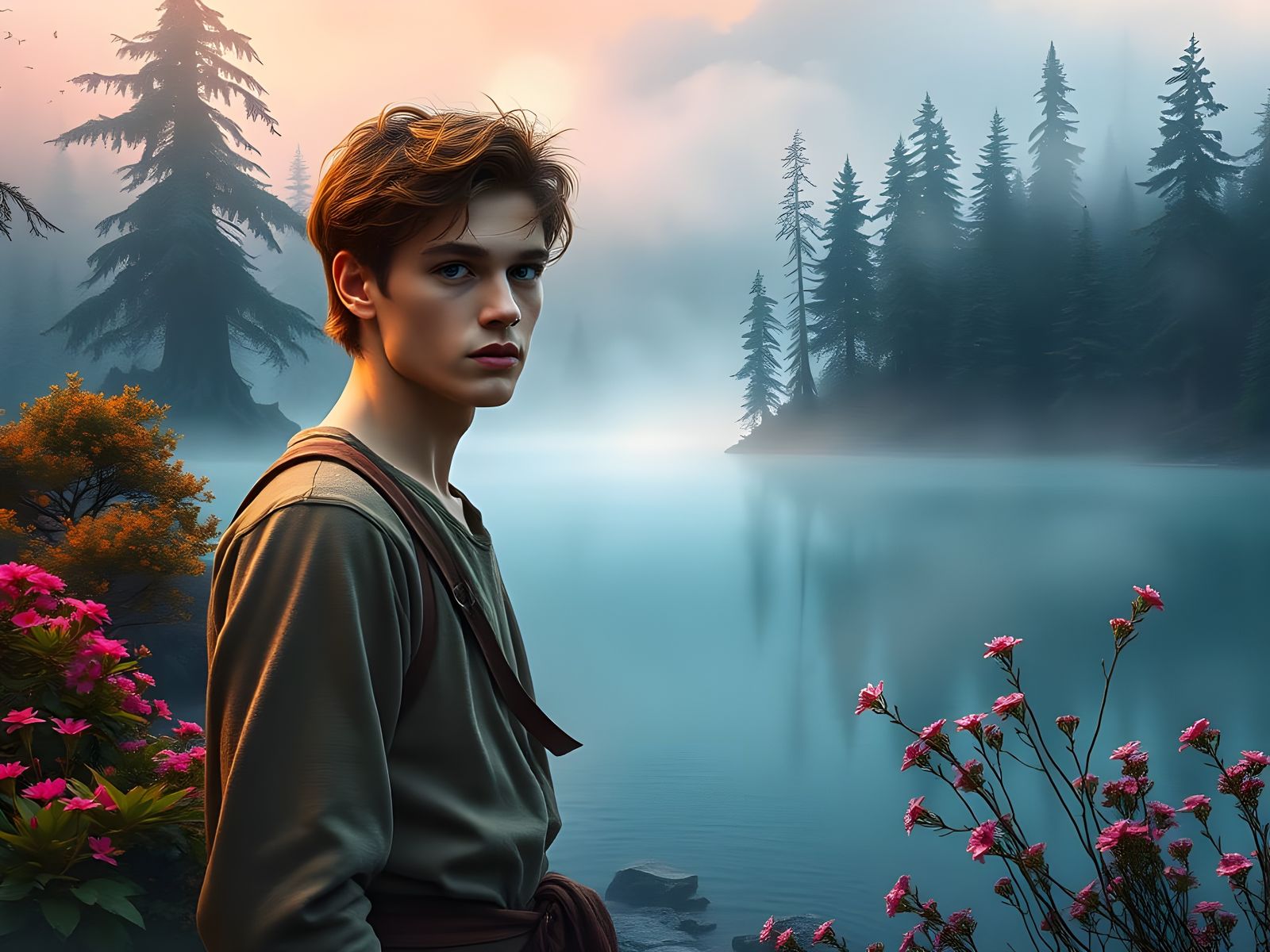 Serenely Contemplative Young Man in Enchanted Forest Landsca...