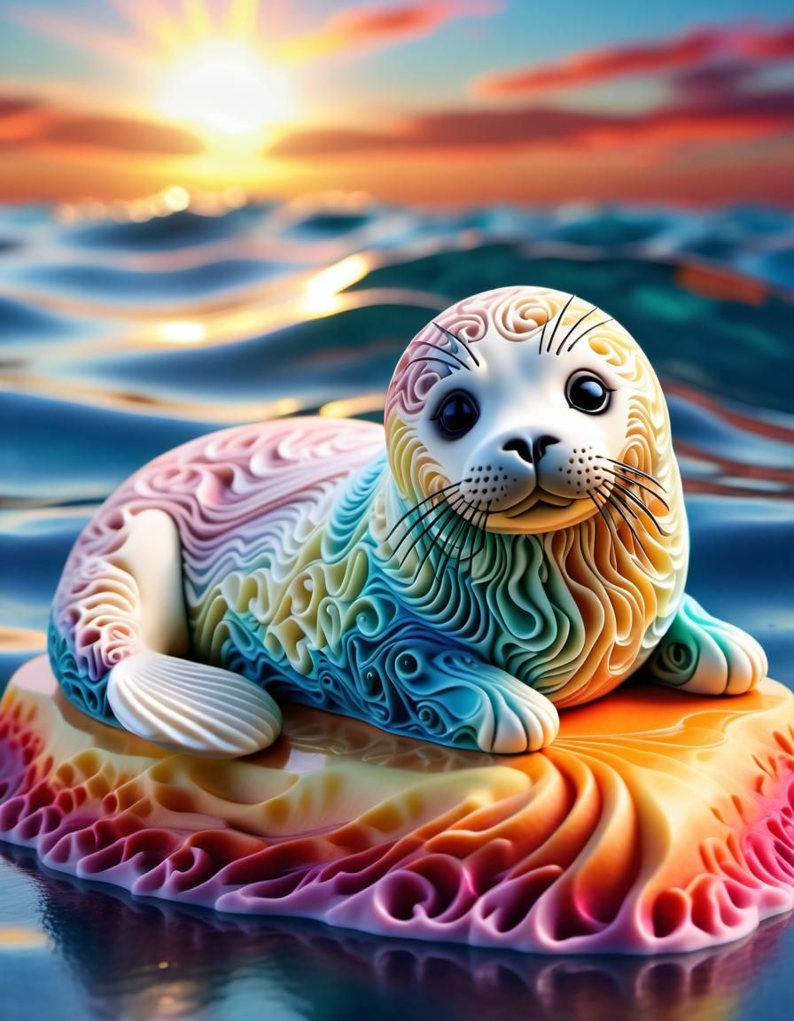 Adorable Harp Seal in Striated Sunset