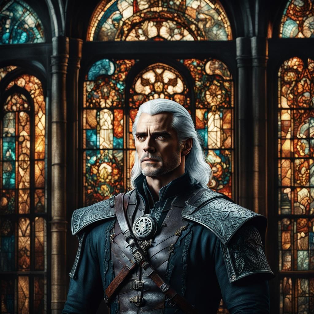 Steampunk Witcher Before Stained Glass Window
