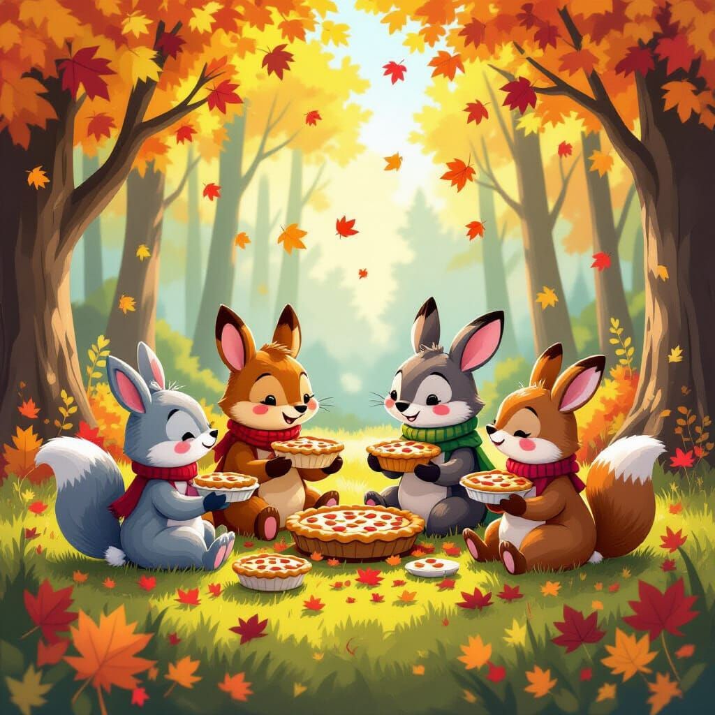 Woodland Creatures Share Autumn Pies In Sun-Dappled Forest