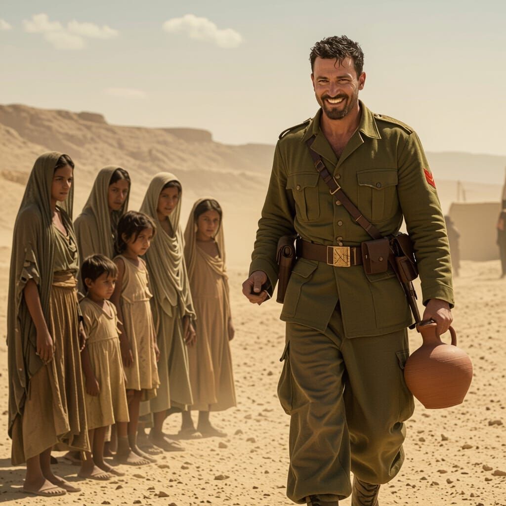 Merciless Soldier with Water Jug in Desert