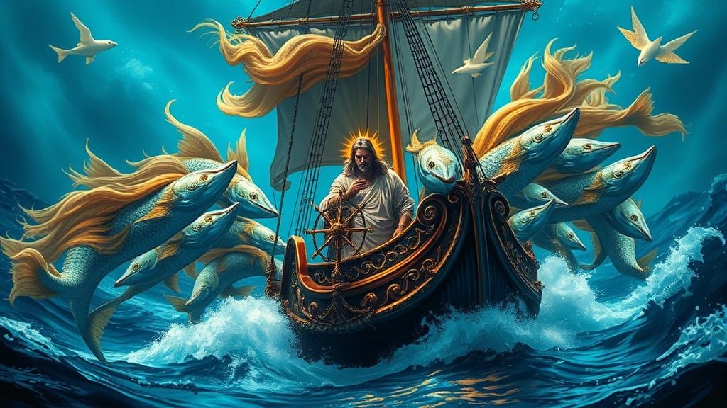 Mystical Merfolk Surround Christ in Epic, Cinematic Scene