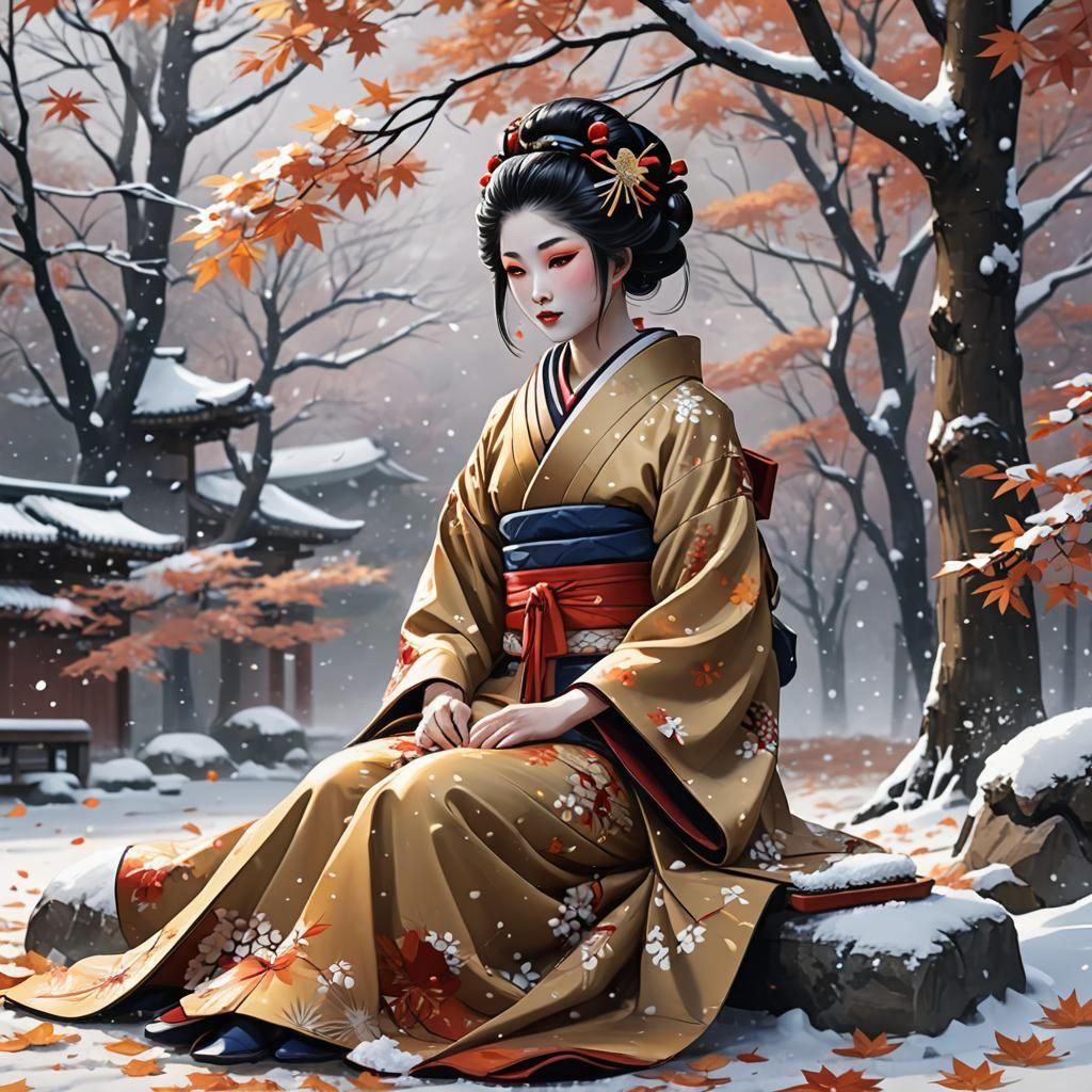Geisha in Snow: Anime Style Autumn Scene