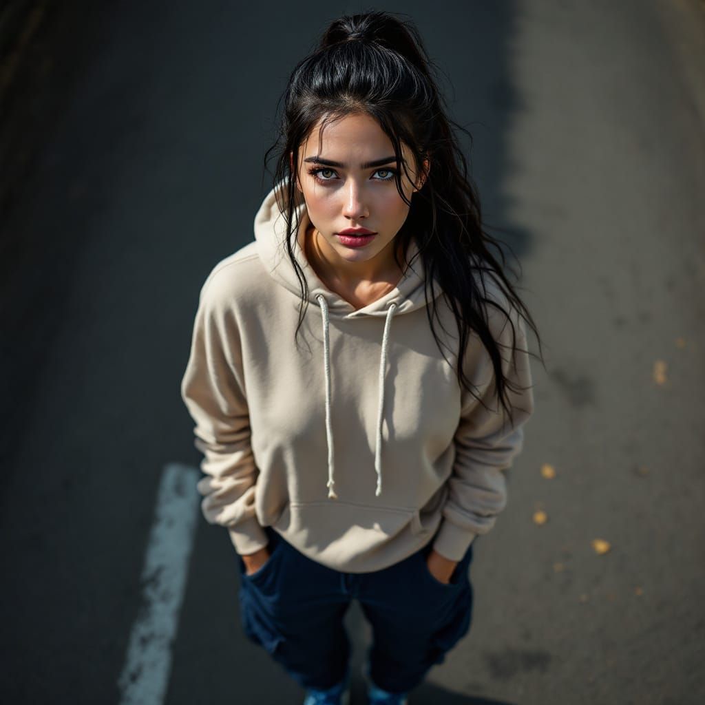 Elegant Woman in Beige Hoodie on City Street