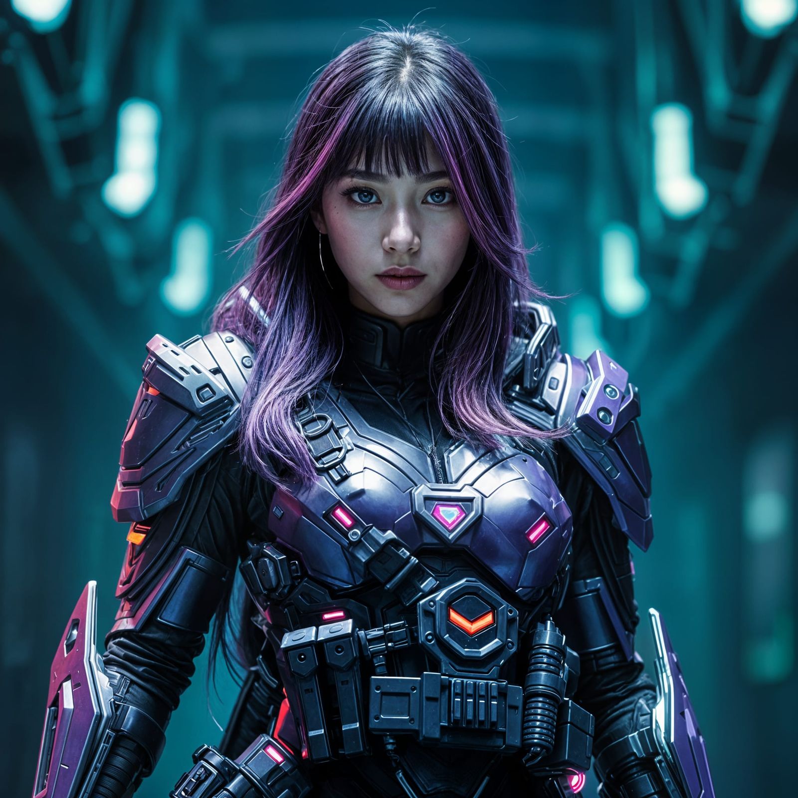 Cyberpunk Korean Superhero in High-Tech Purple Armor