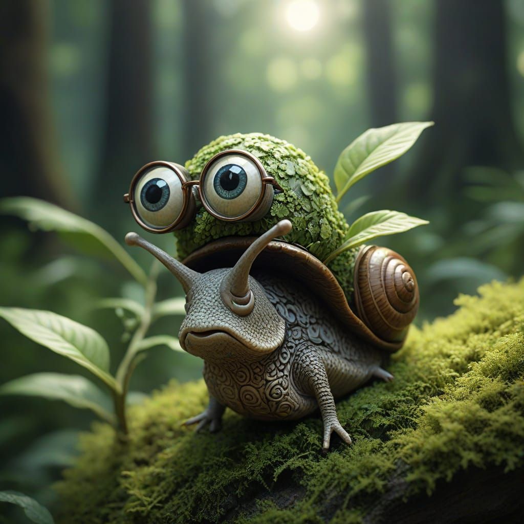 Whimsical Snail Explorer in Mystical Forest