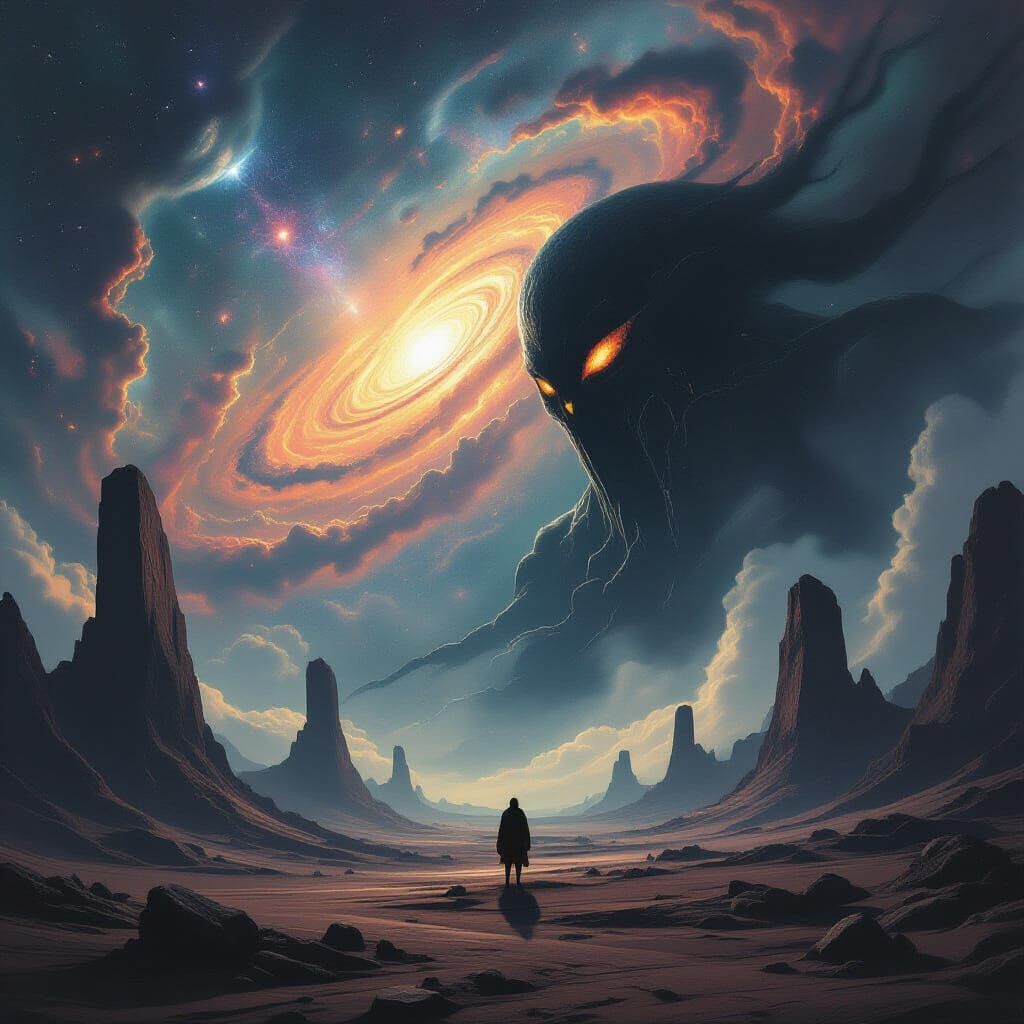 Cosmic Horror Landscape with Shadowy Entity