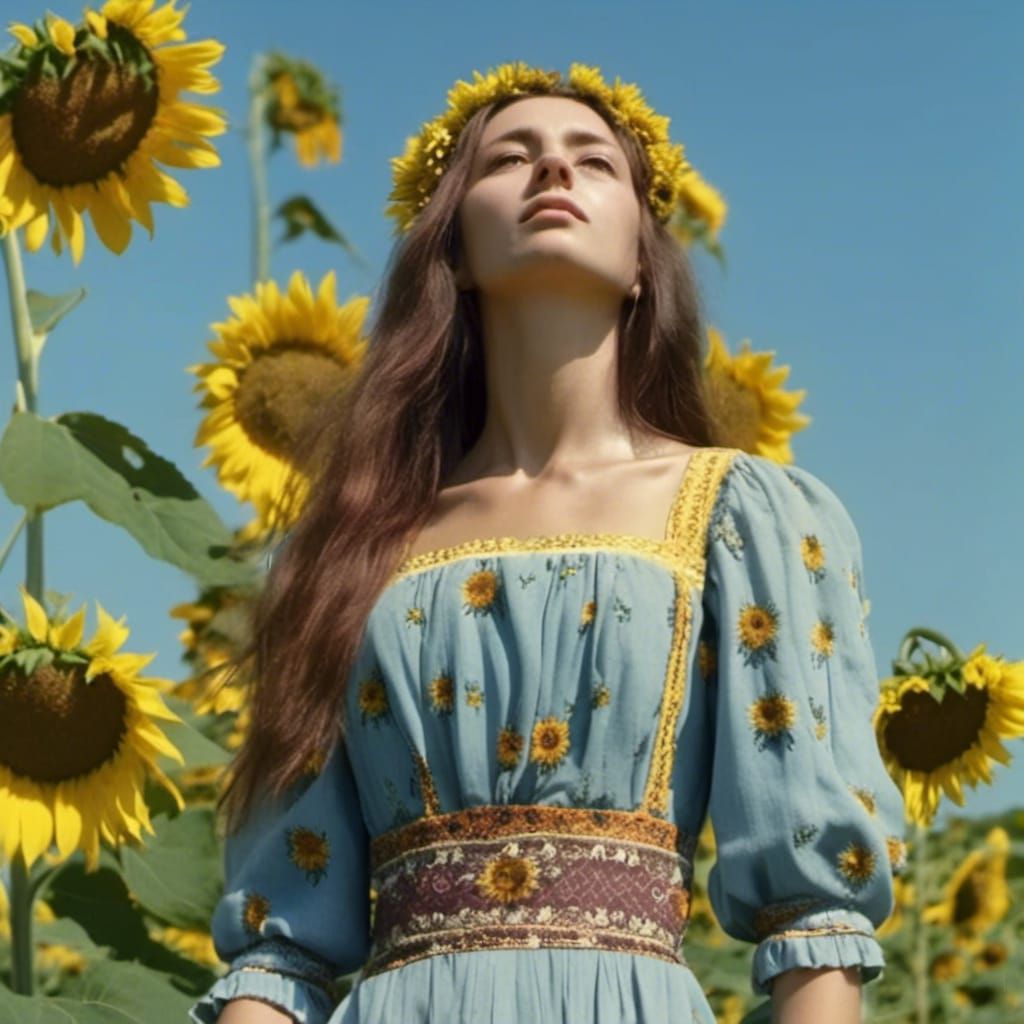 Ukrainian Woman in Sunflower Field: Natural Lighting