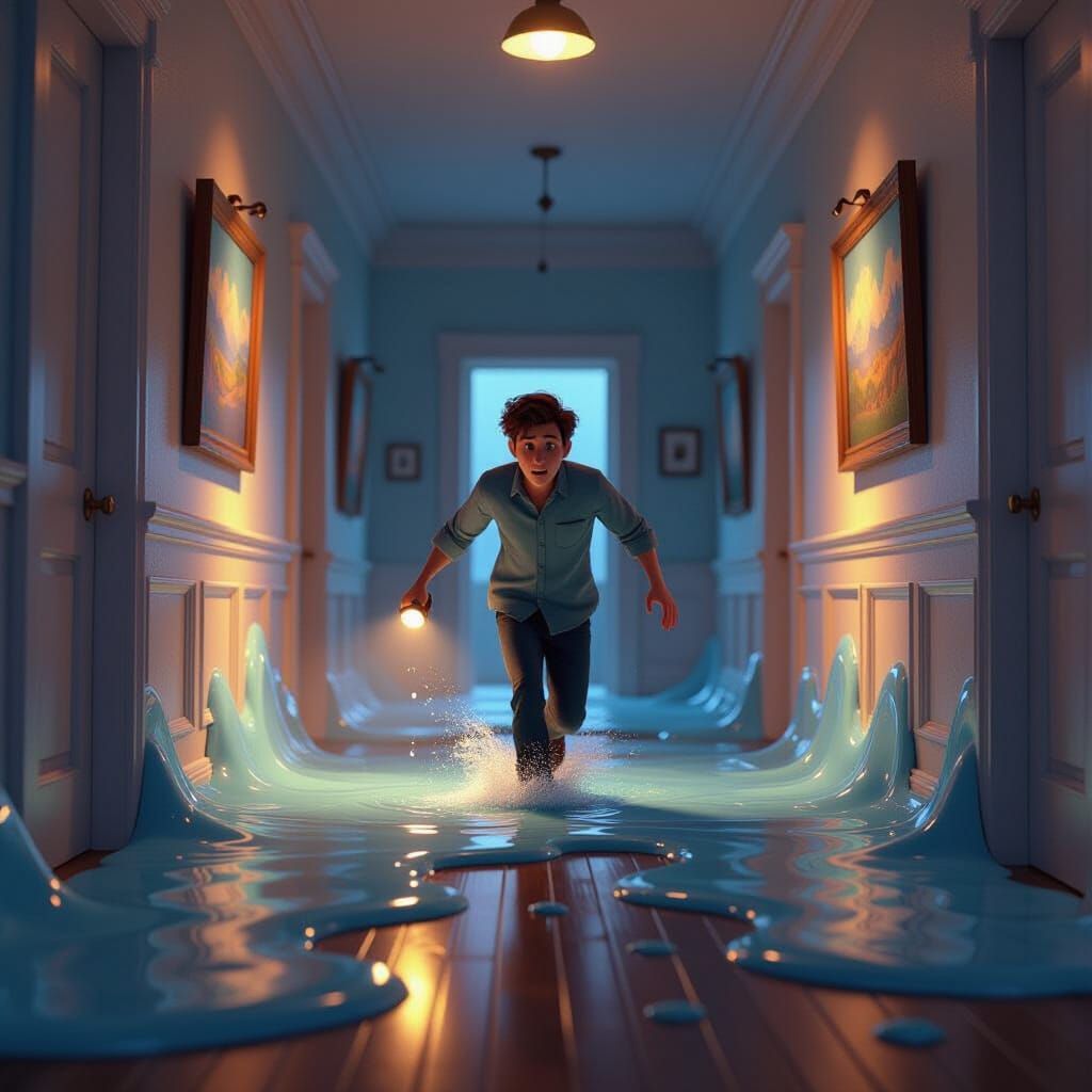 Surreal Hallway Distorts Towards Painting in Pixar Style