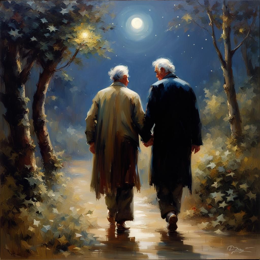 Romantic Moonlit Walk: Oil Painting of Elderly Couple