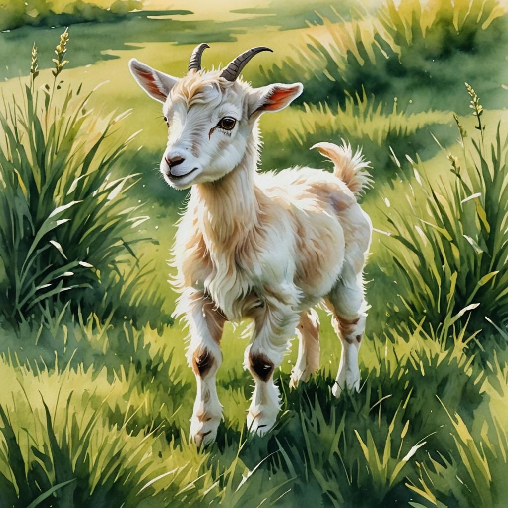 Watercolor Newborn Goat Learning to Walk