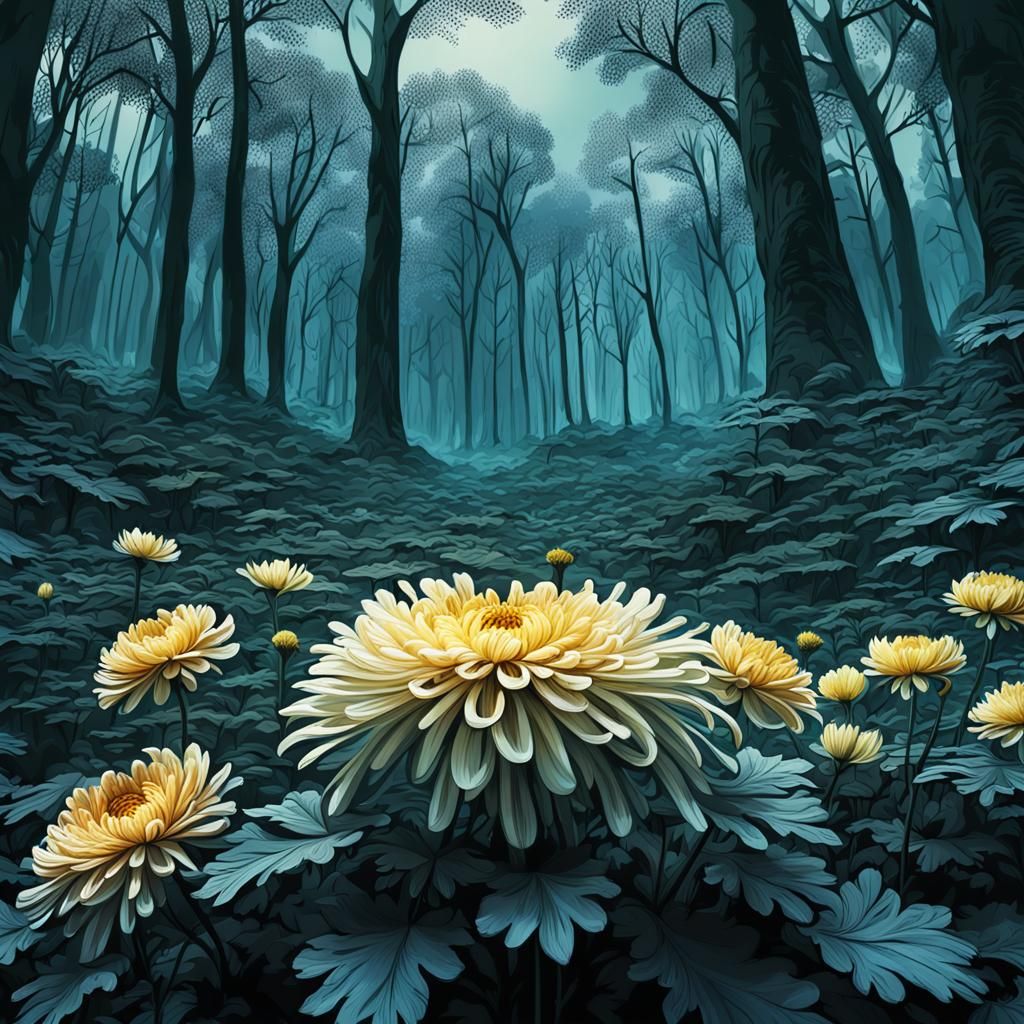 Chrysanthemum Sketch in Forest: Detailed Digital Painting