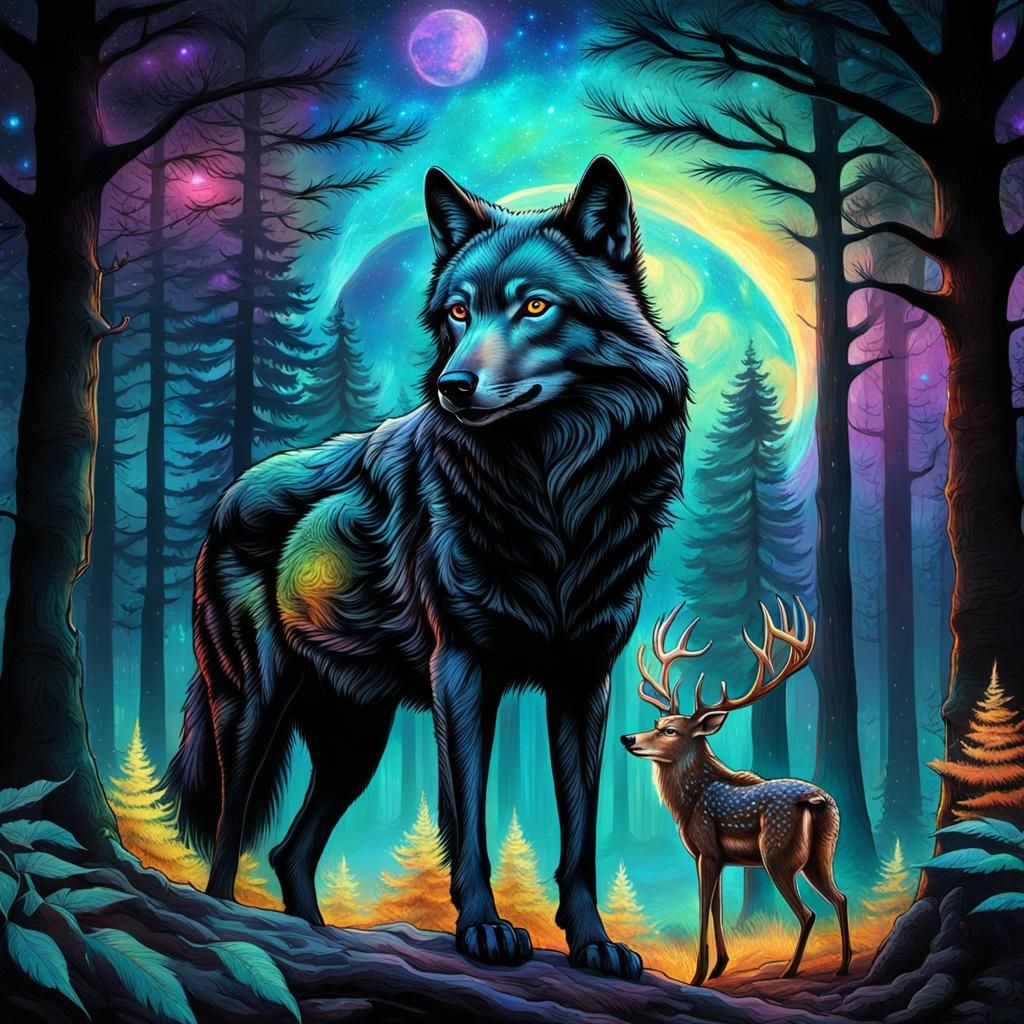 Black Wolf Hunting Deer: Astral Cosmic Illustration