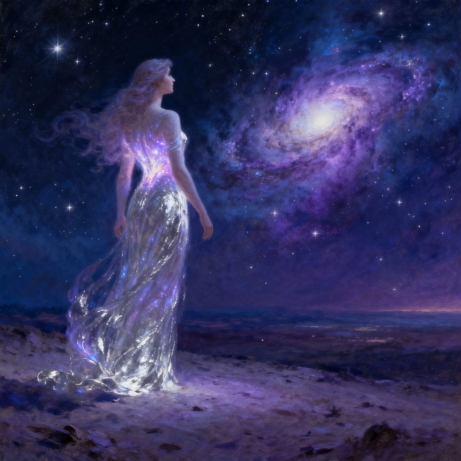 Ethereal Goddess Contemplating Cosmic Nebula