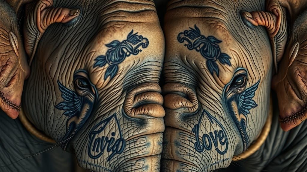 Loving Mouse and Elephant Portrait with Vintage Tattoos