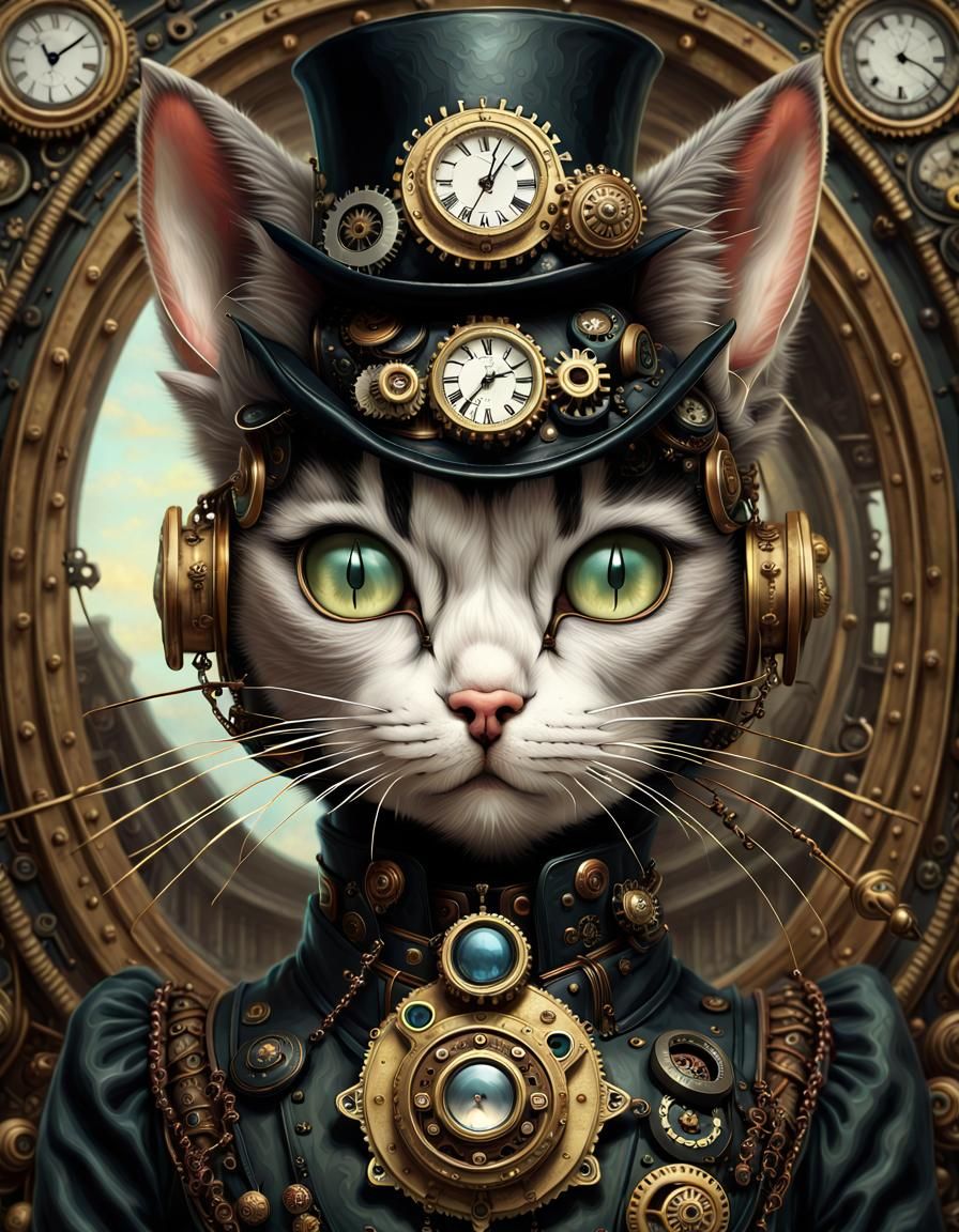 Ornate Steampunk Cat in Dark Fantasy Style