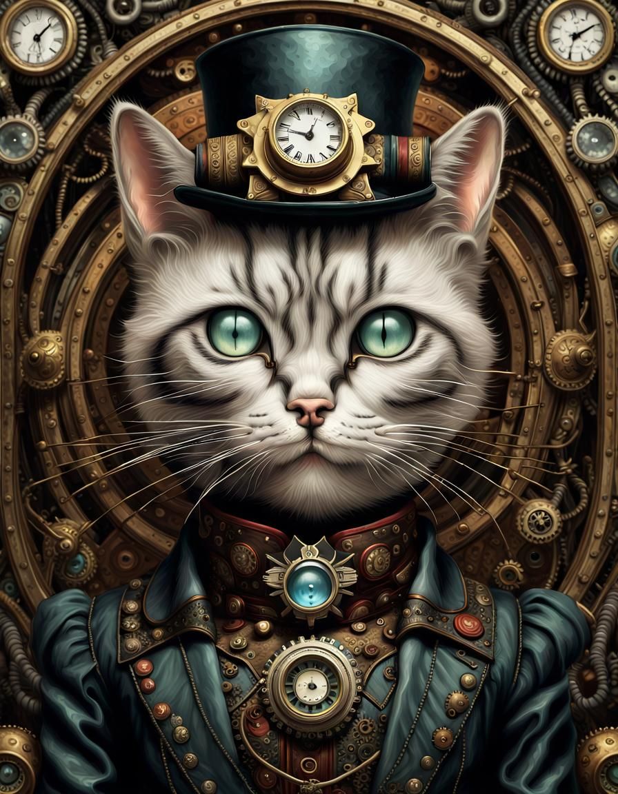 Ornate Steampunk Cat in Dark Fantasy Style