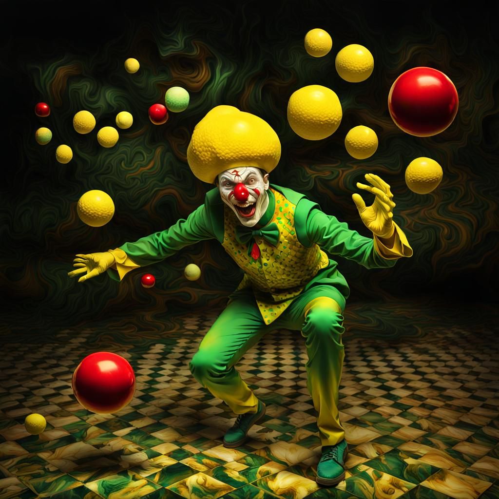 yellow jester juggler with psilocybe head throwing juggling 3 red fireballs, 3D fractal/mendelbrot, pale complementary c...
