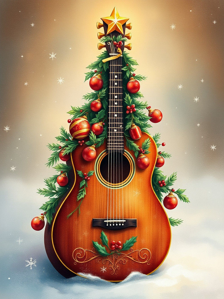 Festive Christmas Tree Guitar in Storybook Style