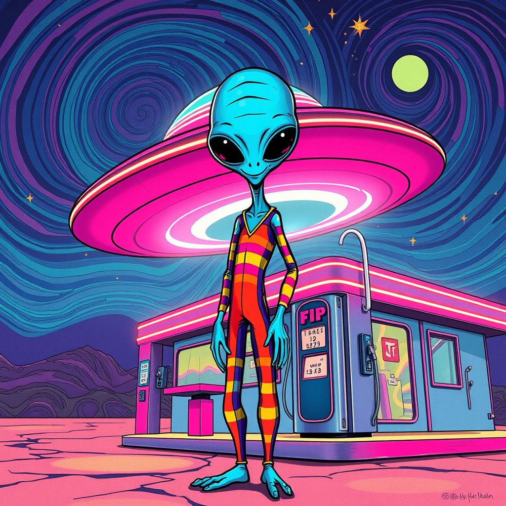 Alien at Retro Gas Station in Synthwave Style